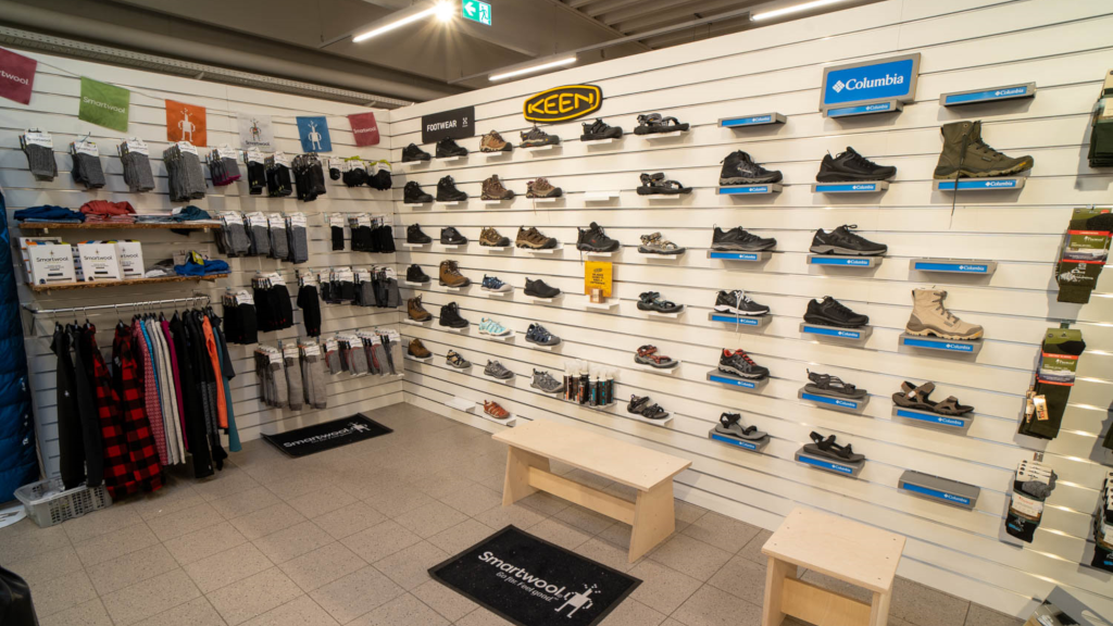 Section with hiking shoes and boots at Effektlageret in Horsens