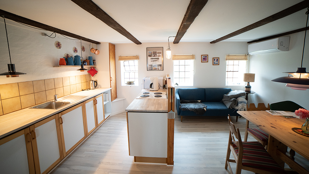 Kitchen and living room in a holiday apartment on Endelave