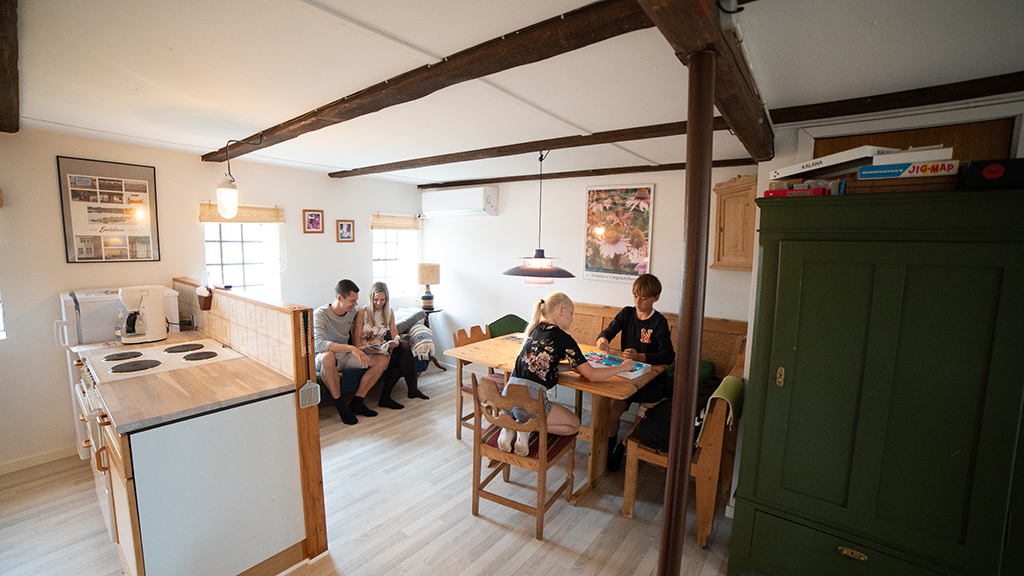Family enjoying board games in a holiday apartment on Endelave Turridning