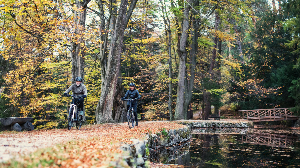 An older couple cycling on electric bikes through a forest along a lake