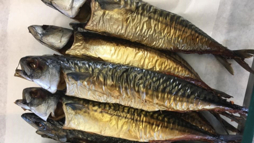 Whole smoked mackerels at Juelsminde Fisk