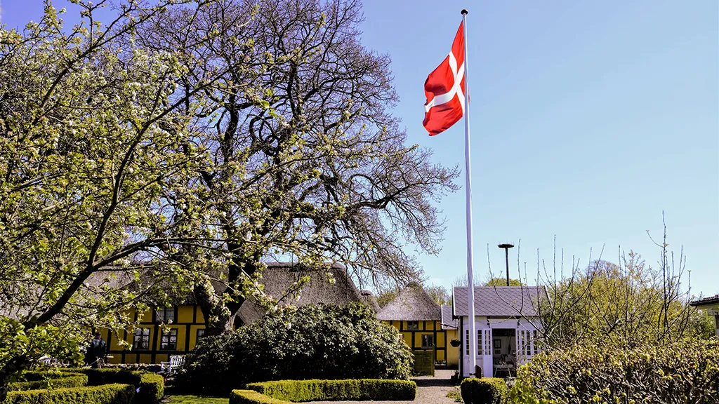 Dannebrog i flagstang ved skyfri himmel med gammeldags gårdhuse med bindingsværk og stråtag ved Hjortsvang Museum nær Gudenåen