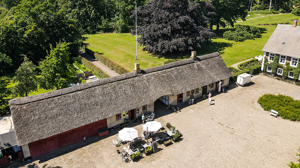 The farm shop and visit farm Fru Møllers Mølleri seen from the air