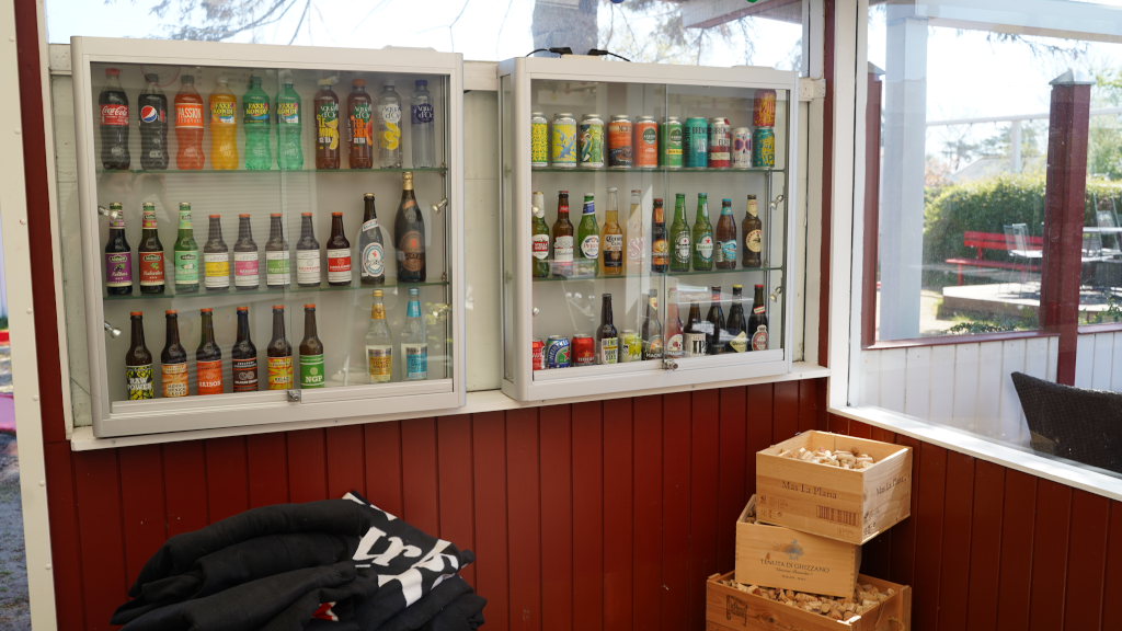 Craft beer in a display case at the mini golf course in Saxild