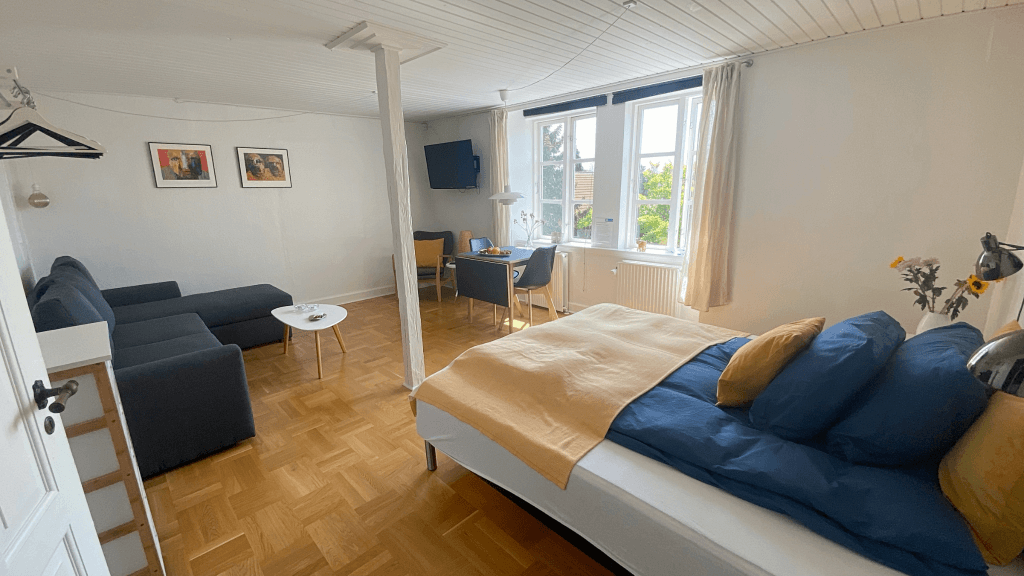 Room with a single bed and a sofa at Holsteinshus B&B