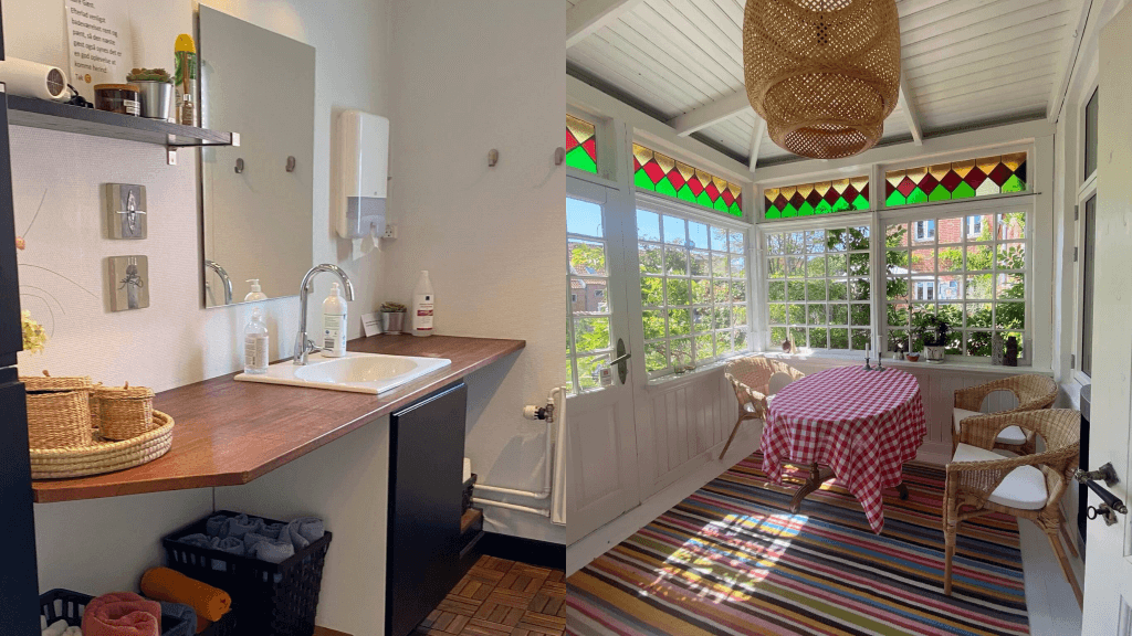 Shared kitchen and conservatory at Holsteinshus B&B in Odder