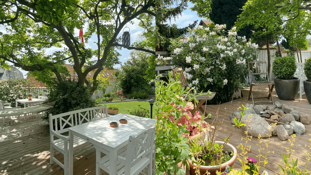 Garden with patio furniture at Holsteinshus B&B in Odder