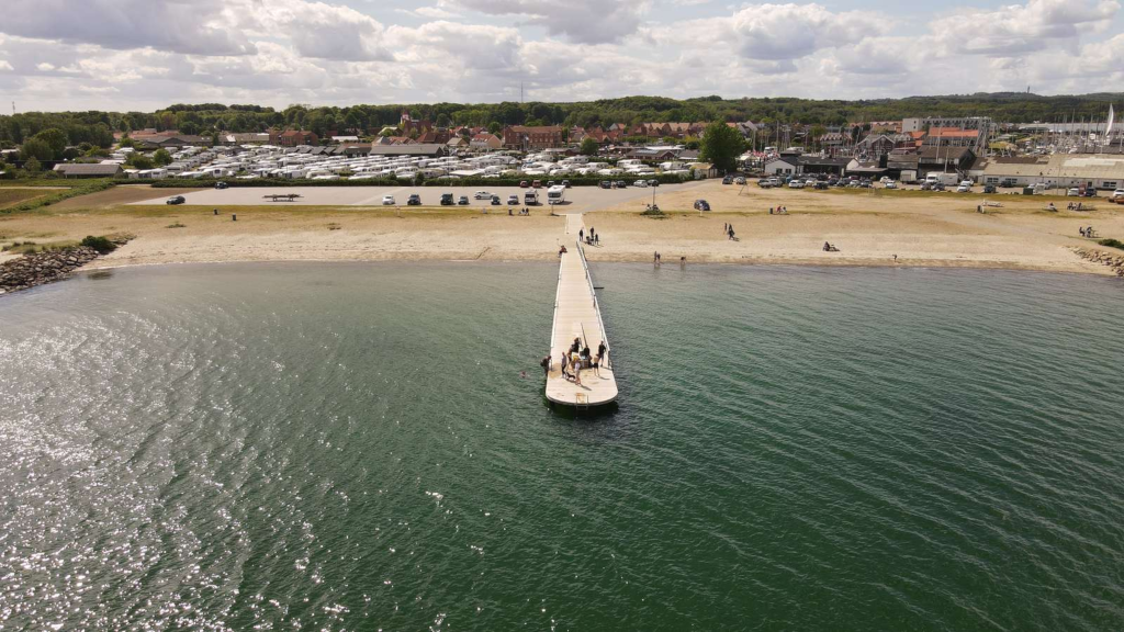 Drone photo of Storstranden in Juelsminde and the bathing pier