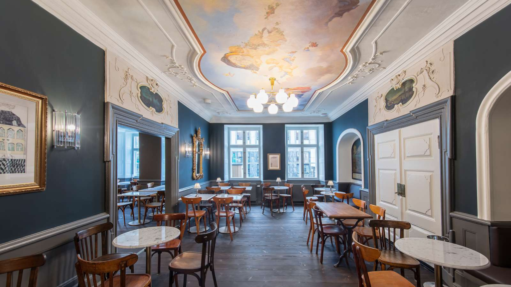 The wine bar with ceiling paintings at Jørgensens Hotel