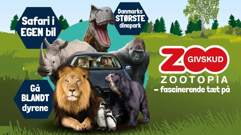Collage for Givskud Zoo med bil, løve, næsehorn, gorilla, pingviner og tyrannosaurus rex