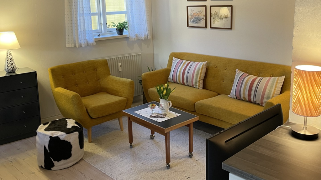 Living room with sofas and a TV at Bødkergaarden B&B