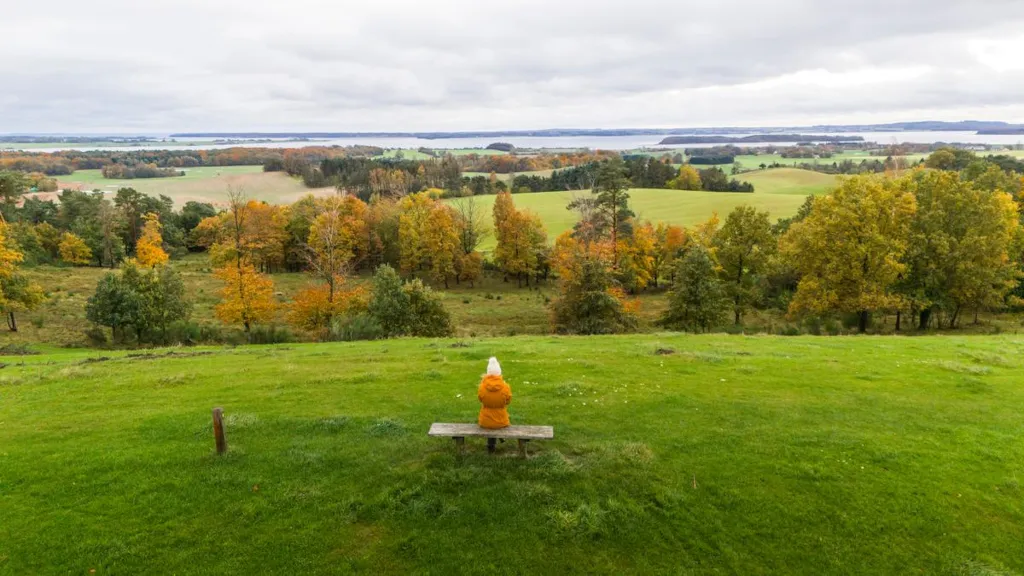Luftfoto af en kvinde på en bænk på Trustrup Udsigtshøje