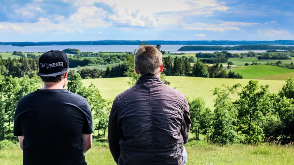 To drenge kigger ud over Horsens Fjord fra Trustrup Udsigtshøje