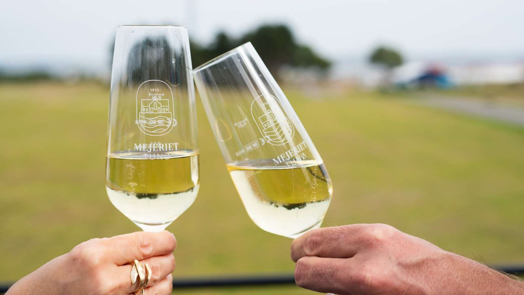 Toasting with two champagne glasses featuring Mejeriet Tunø's logo