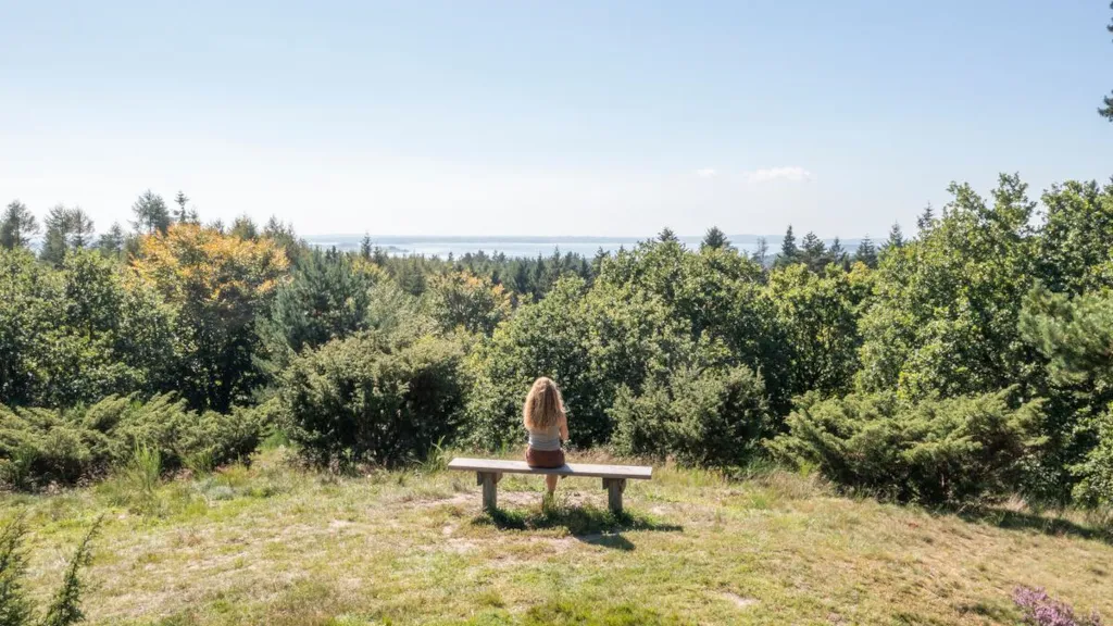 Woman sitting on a bench in Sondrup Hills, looking out over Horsens Fjord