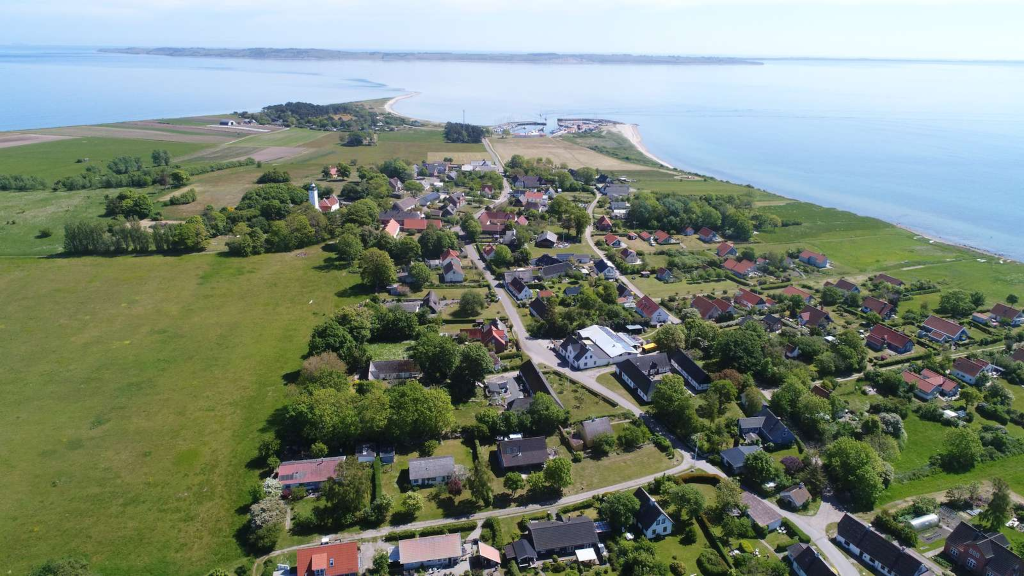 Aerial photo of the village and harbour on Tunø