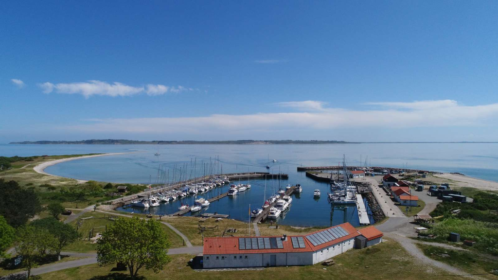 Aerial view of Tunø's marina and ferry harbour