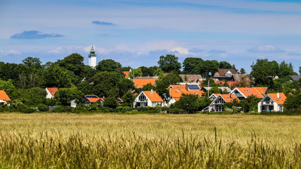 Tunø's village is seen behind a wheat field