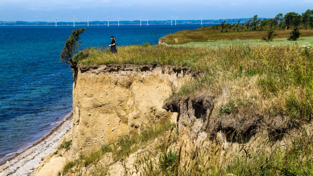 A woman stands at the top of the cliff Sønderklint on Tunø and looks out over the sea