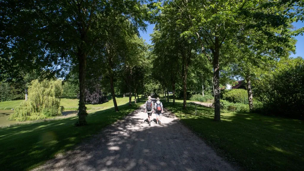 Two men are walking on a path through Palsgaard Castle Park