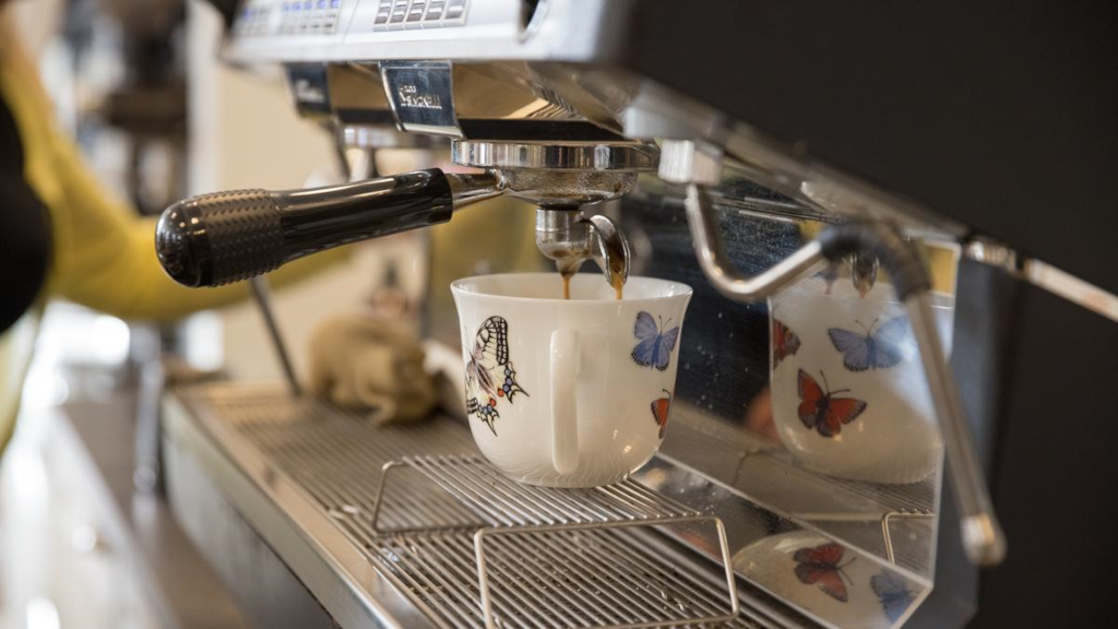 A barista coffee machine brewing coffee into a cup with a butterfly design
