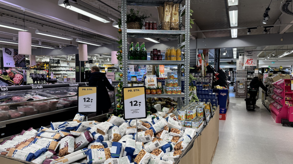 Mixed groceries in the supermarket Kvickly Odder