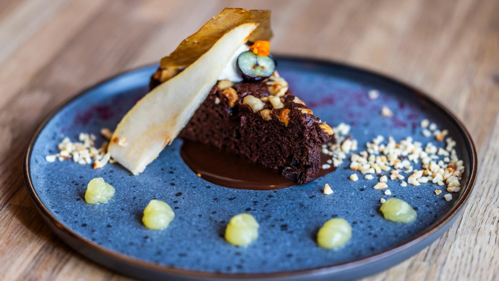 Beautifully presented chocolate cake on a plate