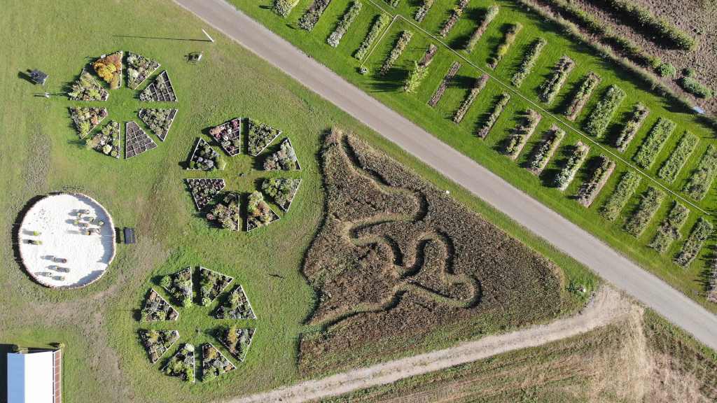 Aerial photo of the visitor garden at Tinnetgaard