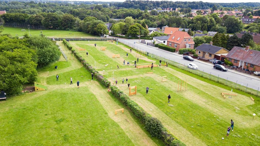 Drone photo of football golf players at Fodboldgolf FÆNGSLET in Horsens
