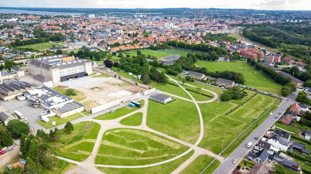 Aerial photo of FÆNGSLET, the prison park, and Horsens in the background