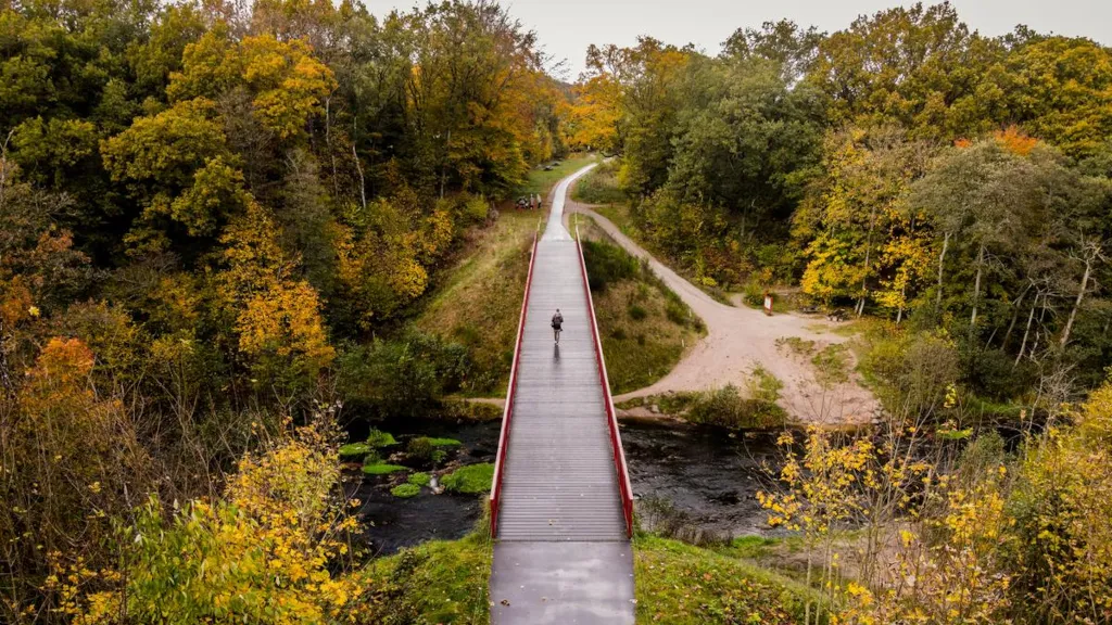 Dronefoto af en Den Genfundne Bro i efteråret