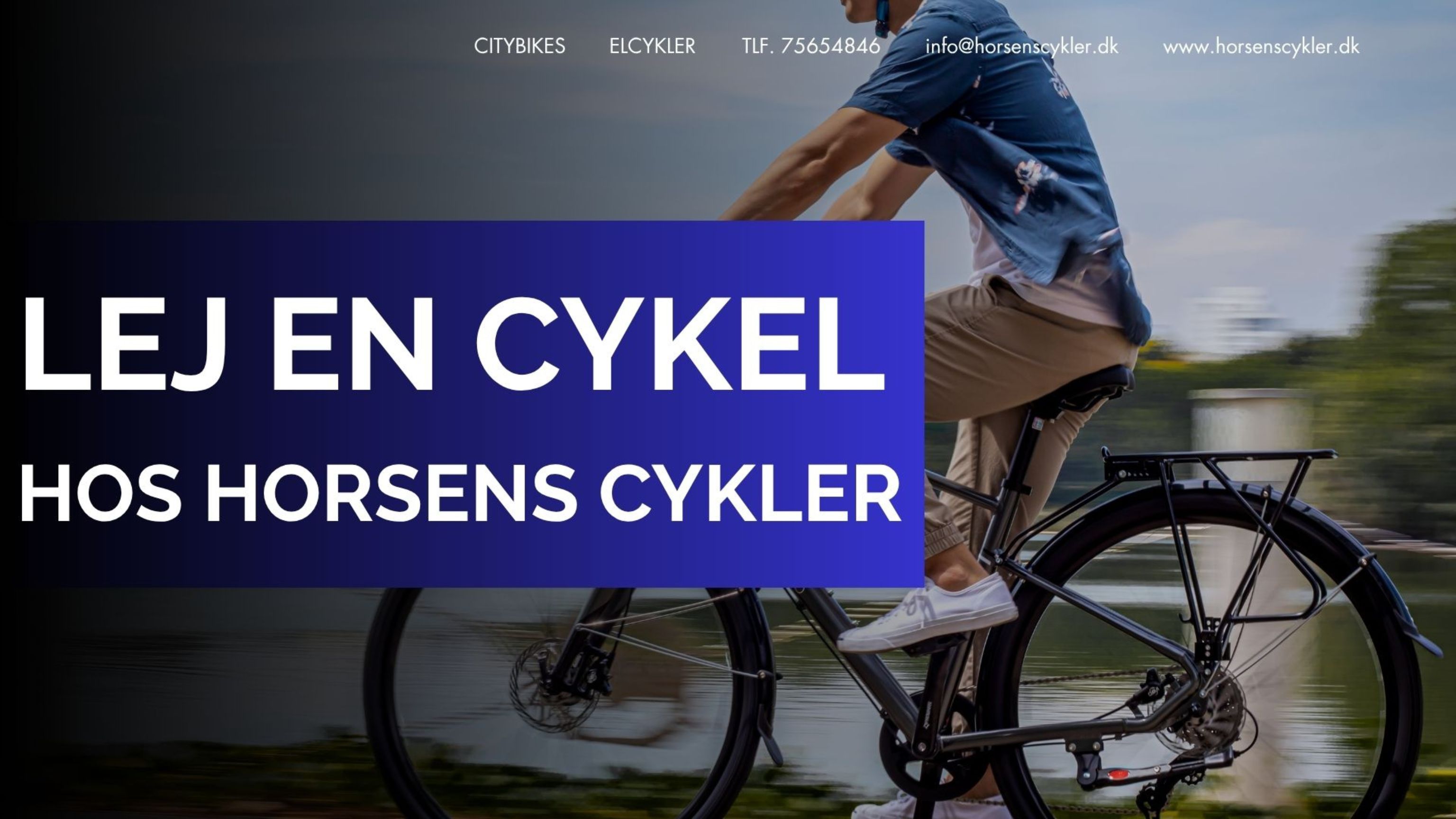 Bild einer Person auf einem Fahrrad und der Text - Mieten Sie ein Fahrrad bei Horsens Cykler
