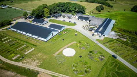 Dronefoto af Tinnegaard Gaardbutik besøgsgård hvor hele arealet ses med køkkenhaver osv.