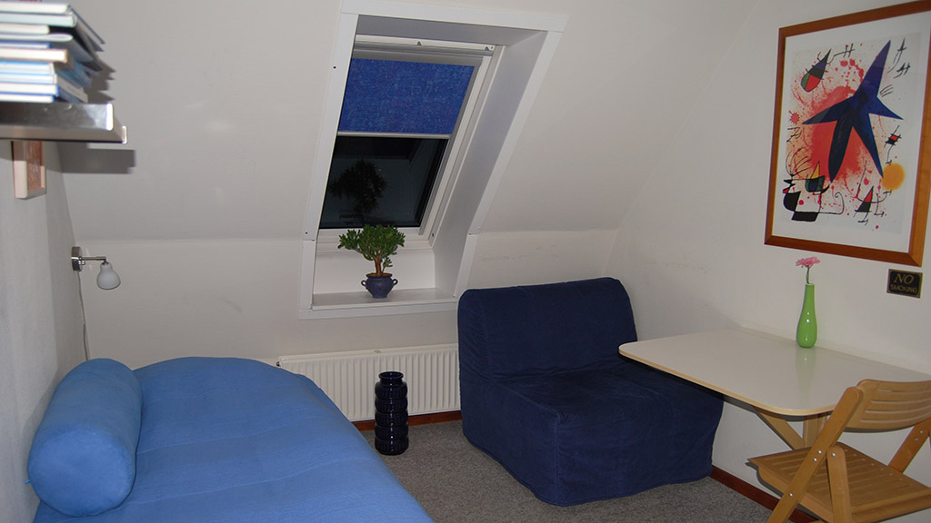 Blåt værelse med vippevindue