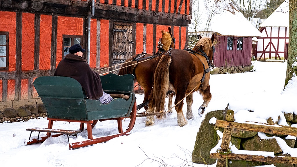 Hestevogn i sneen i Den Fynske Landsby