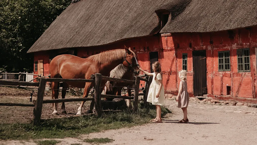 two girls in the Funen Village petting the horses