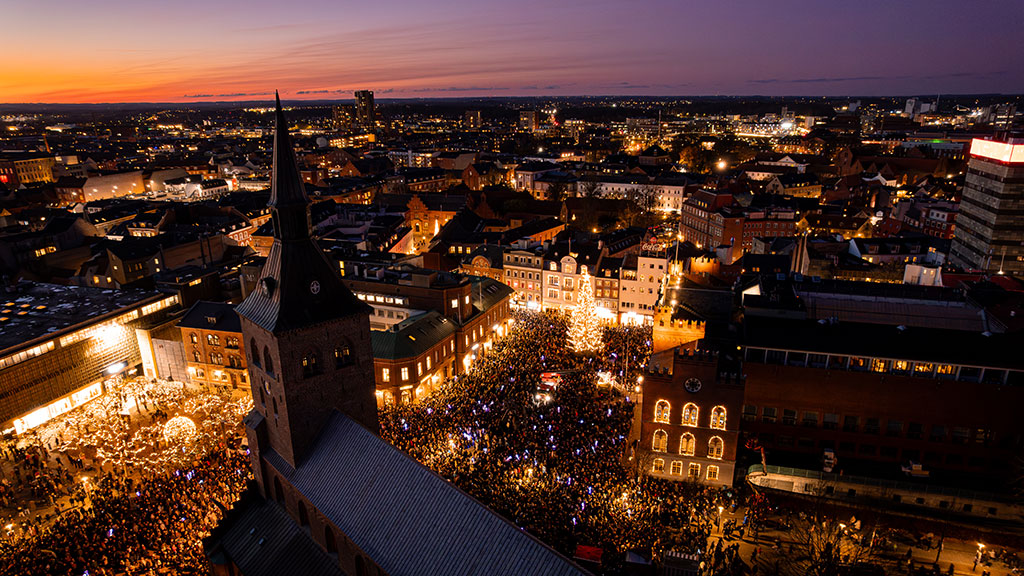 Juletræet på Flakhaven med solnedgang