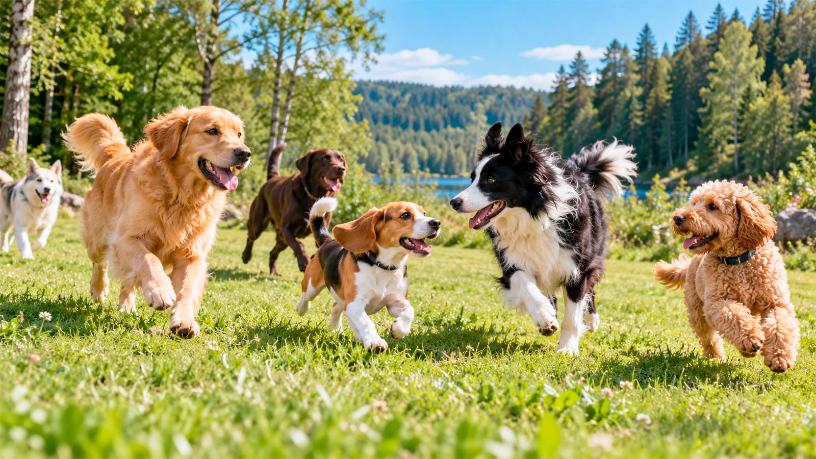 A group of dogs enjoying free play in a natural meadow setting.