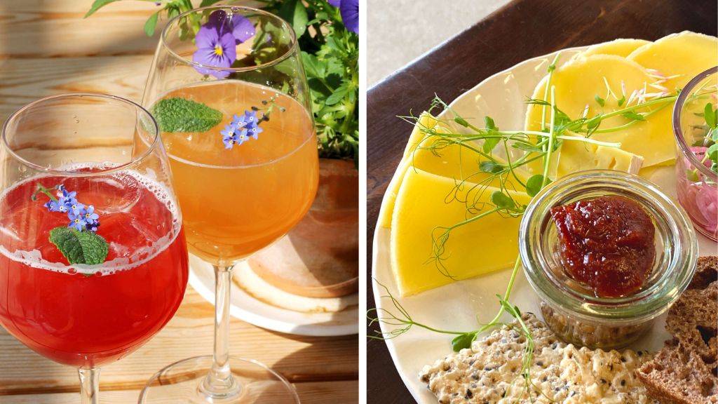 Flower-decorated drinks and a plate of cheese and crispbread at Sct. Hans Have.