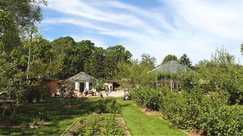 Garden, greenhouses and outdoor seating at Sct. Hans Have.