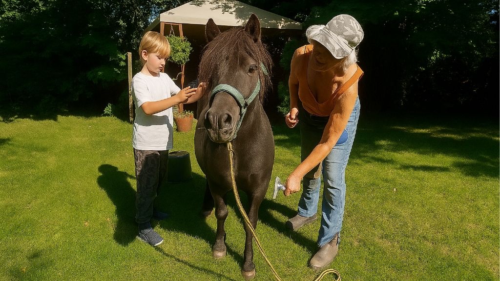 Dreng og kvinde strigler sort pony i haven på Højtoft B&B.