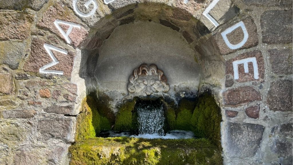 Maglekilde in Roskilde with spring water emerging from a stone wall with inscription.