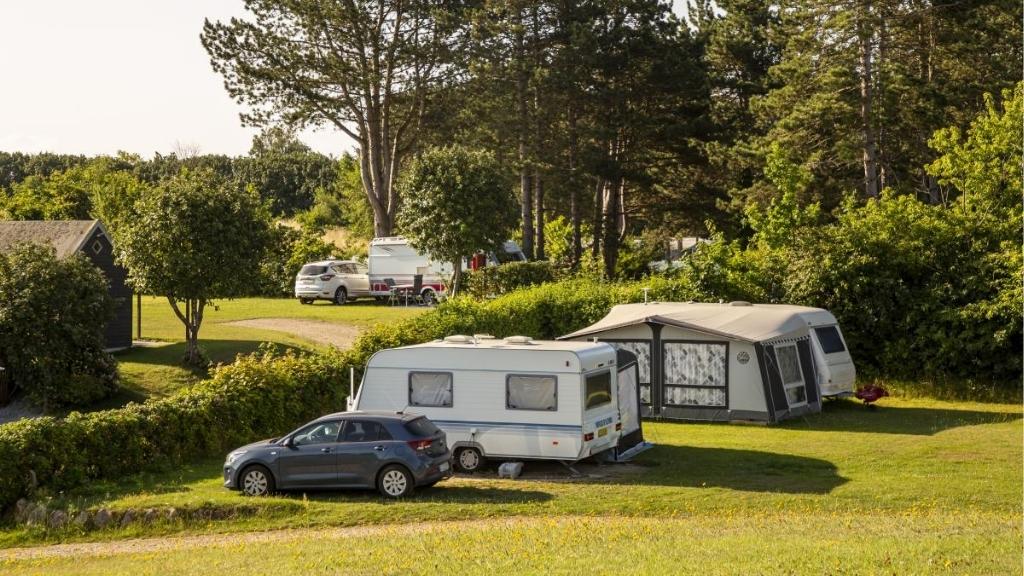 Caravans surrounded by trees and greenery at Kulhuse Camping.
