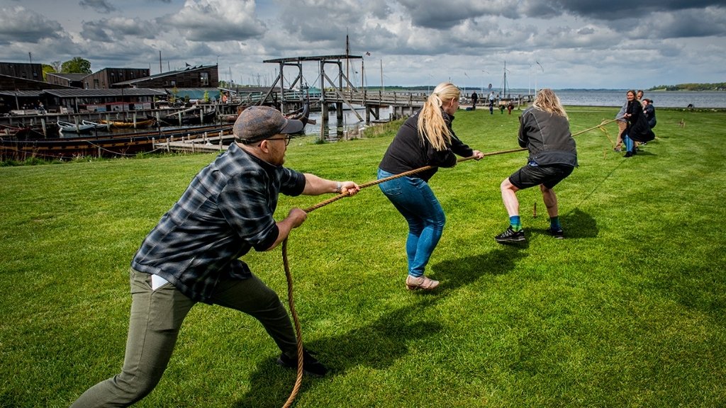 Teambuilding with tug of war at the Viking Ship Museum.