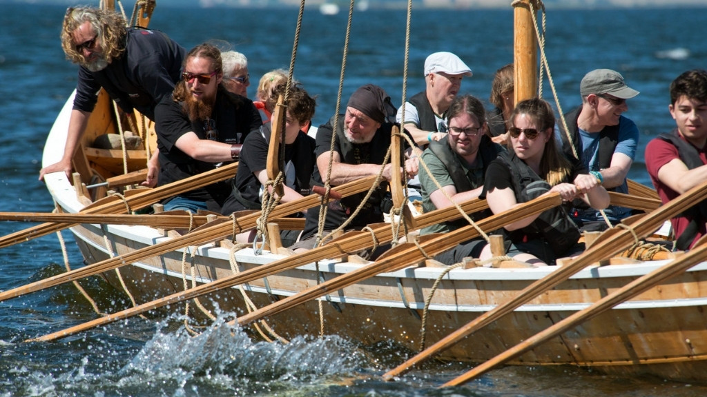 Teambuilding med roning i vikingeskib ved Vikingeskibsmuseet.