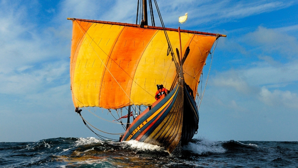 Viking ship with sail on open water at the Viking Ship Museum.