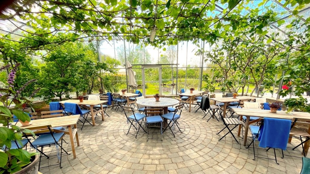 Mødeområde i drivhus hos Sct. Hans Have med borde og grønne planter.