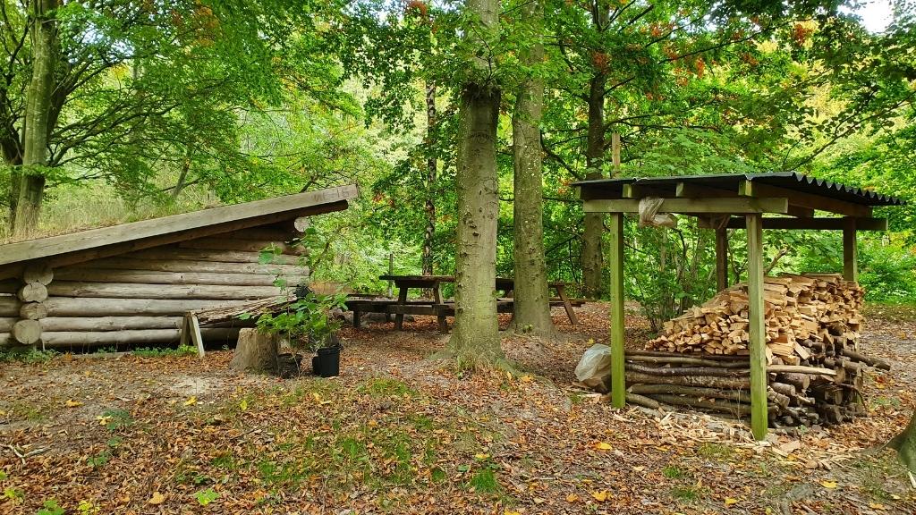 Lejrplads med shelter og borde-bænkesæt på Lejrgrunden Godset.