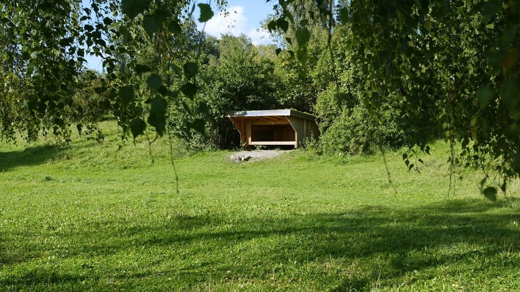 Unterstand bei Skuldelev Strand vom offenen Wiesengelände aus gesehen.