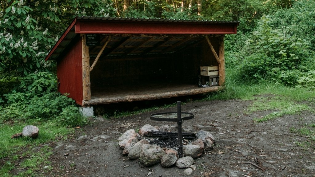 Feuerstelle mit Unterstand bei den Svanholm Shelters im Öko-Kollektiv.